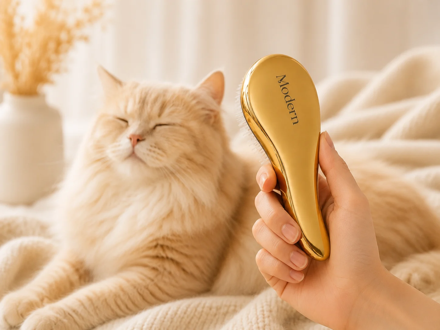 猫のそばでゴールドブラシを手に持つ様子