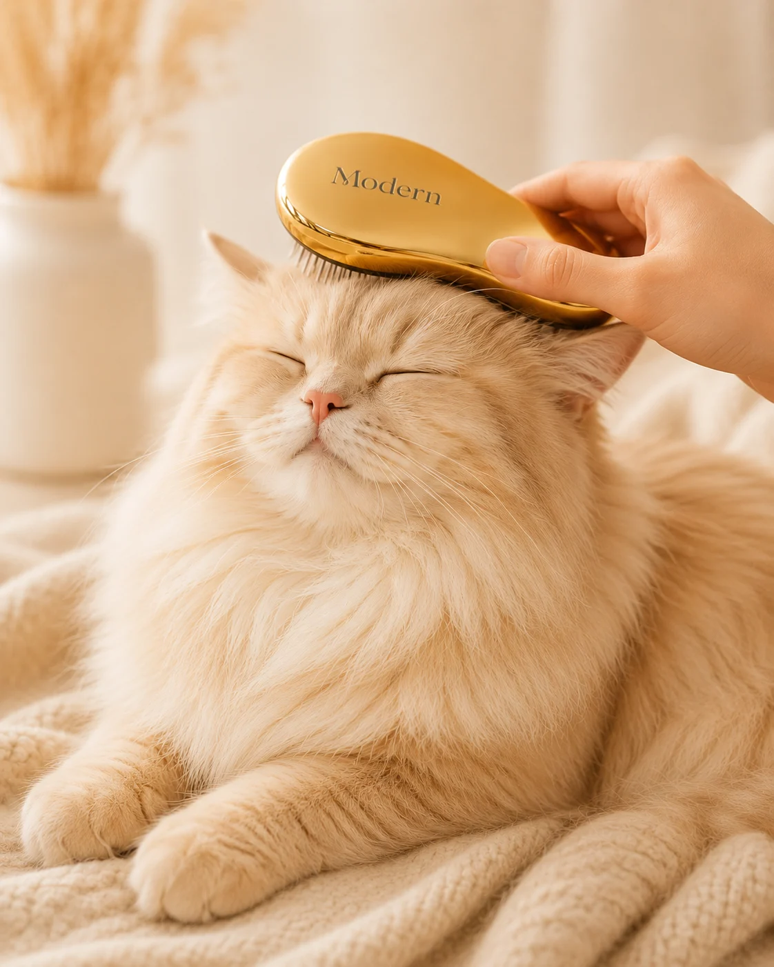 猫の頭をゴールドブラシでやさしくブラッシングする様子