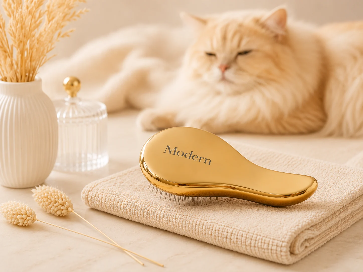 猫のそばに置かれたゴールドのModernペットブラシ