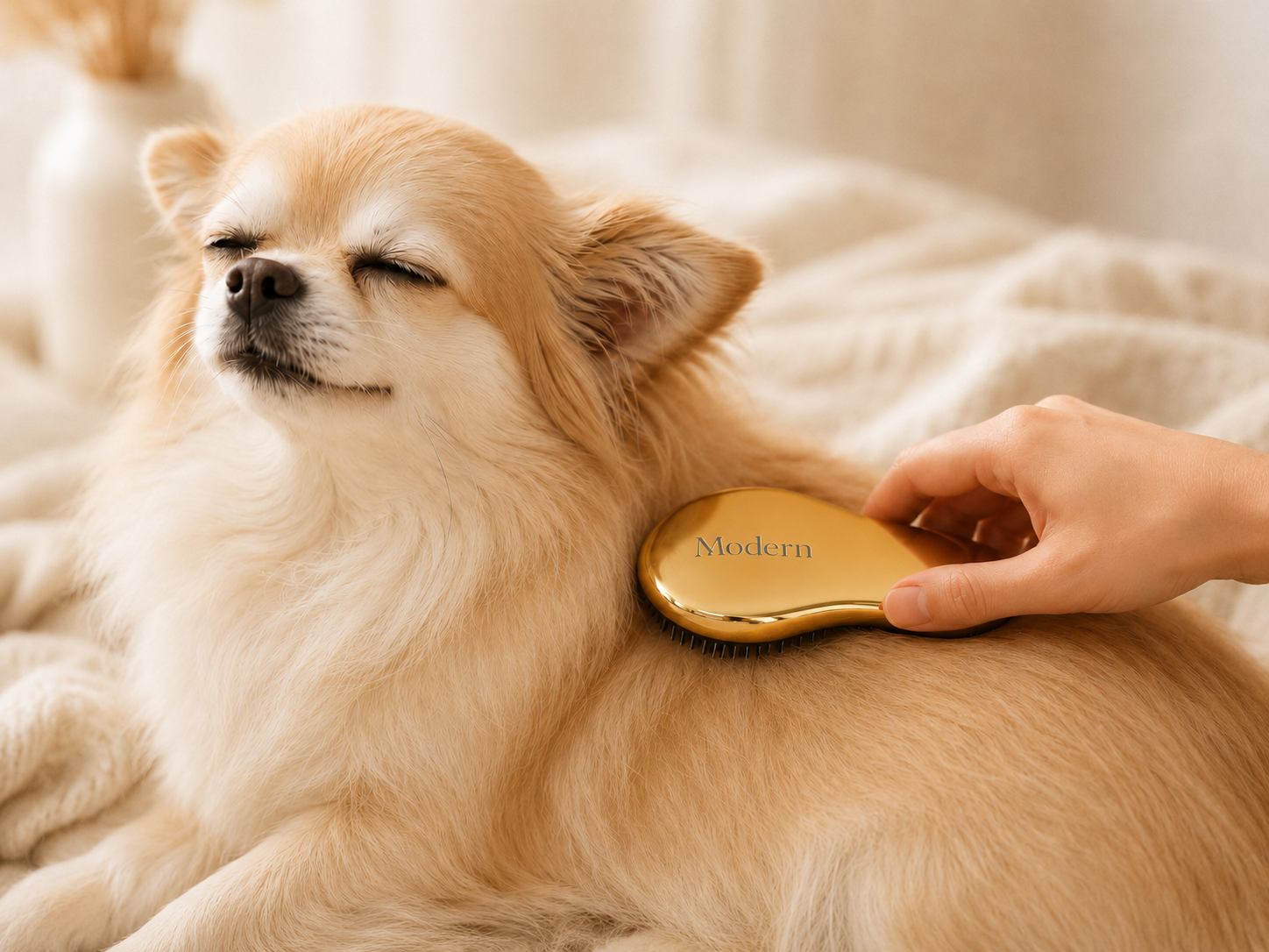 犬の背中をやさしくブラッシングしている様子