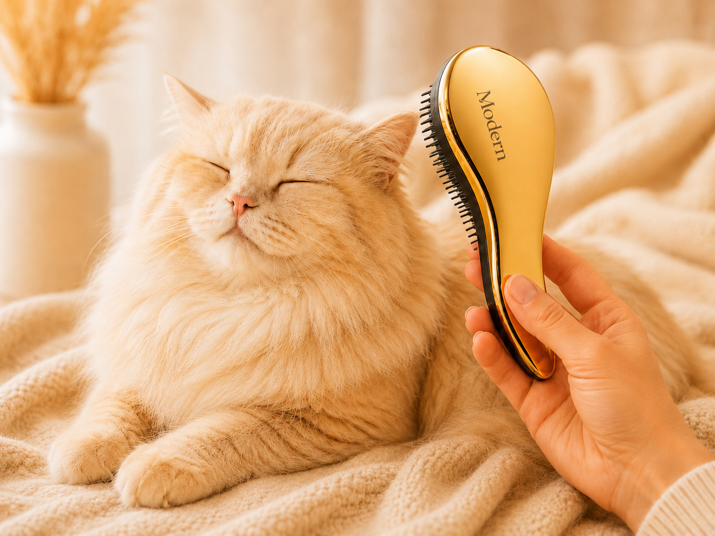 猫のそばでゴールドブラシを手に持つ様子