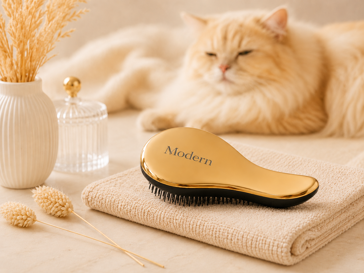 猫のそばに置かれたゴールドのModernペットブラシ