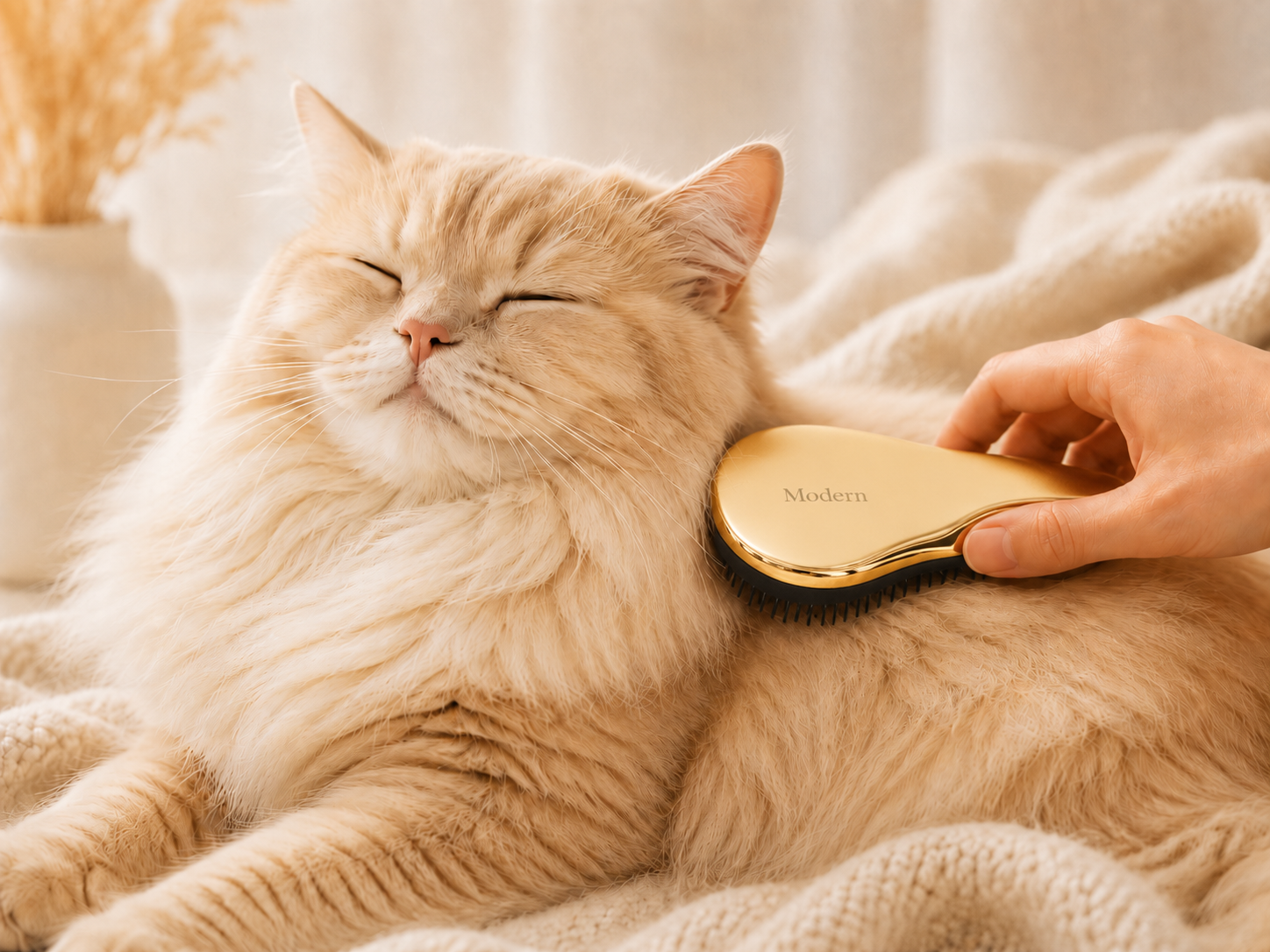 ゴールドブラシで体をやさしくブラッシングされる猫