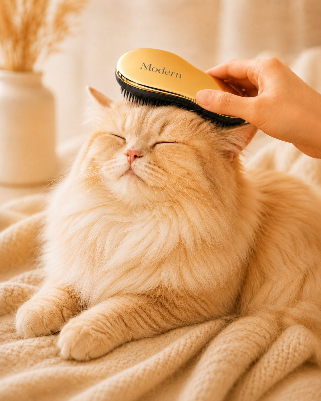 猫の頭をゴールドブラシでやさしくブラッシングする様子